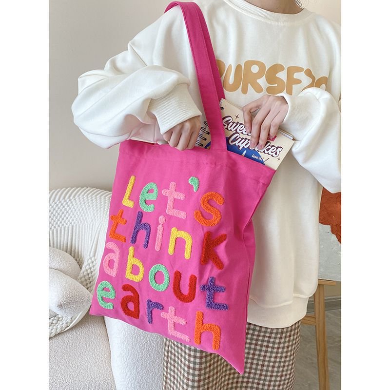 Women Simple Letter Embroidered Large Capacity Canvas Shopping Tote Bag