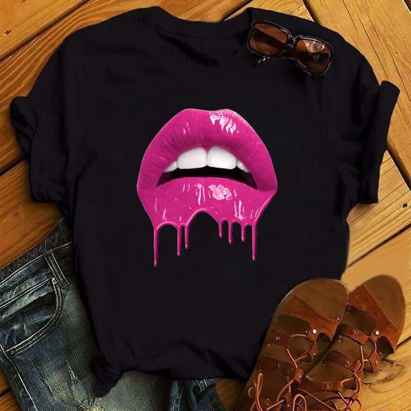 Women Sexy Fashion Lips Retro Simple Short Sleeve T-Shirt