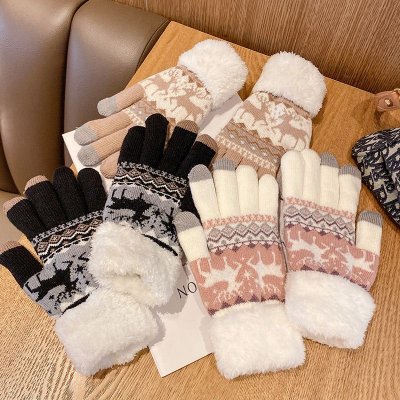 Autumn Winter Women Cute Christmas Elk Fleece-Lined Thickened Warm Touch Screen Gloves