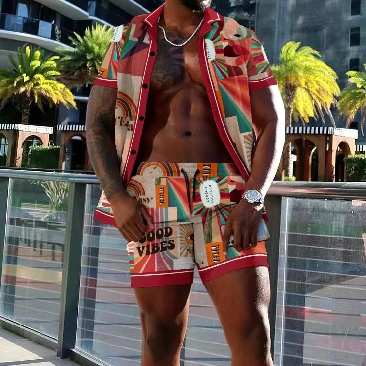 Men Fashion Casual Holiday Hawaii 3D Print Plus Size Short Sleeve Lapel Shirt Shorts Set