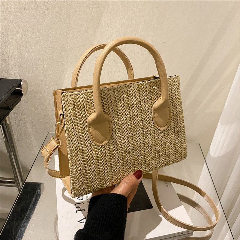 Women Simple Fashionable Straw Woven Large Capacity Square Handle Shoulder Bag