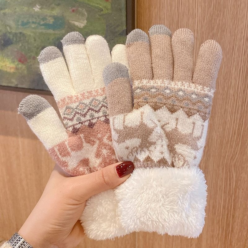 Autumn Winter Women Cute Christmas Elk Fleece-Lined Thickened Warm Touch Screen Gloves
