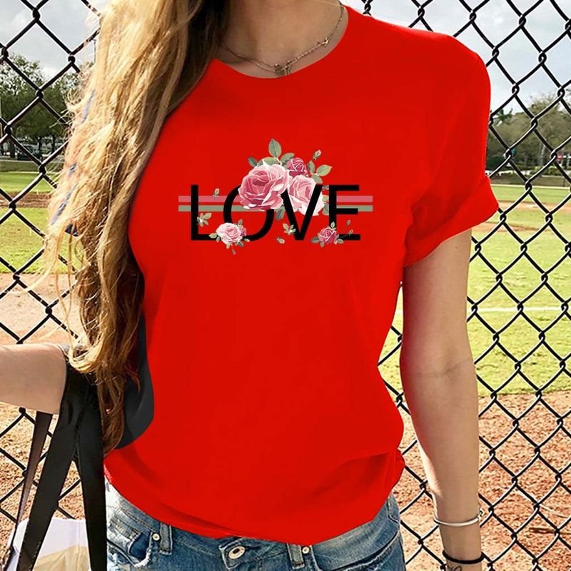 Basic Women Love Letter Short Sleeve Crewneck Retro Floral T-Shirt