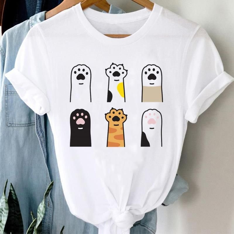 Women Foot Print Printed Cat And Dog Pet Pattern Short-Sleeved T-Shirt