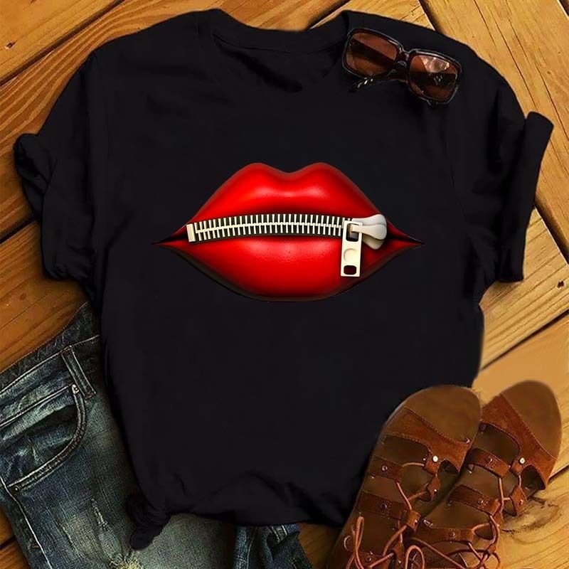 Women Sexy Fashion Lips Retro Simple Short Sleeve T-Shirt