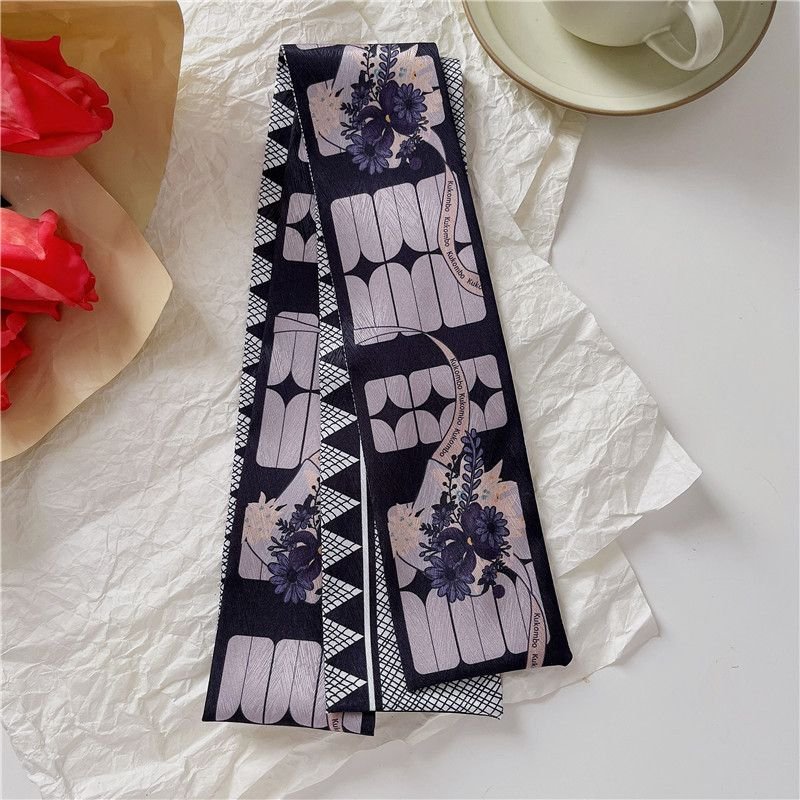 Women Fashion Simple Fresh Floral Print Long Thin Narrow Silk Scarf