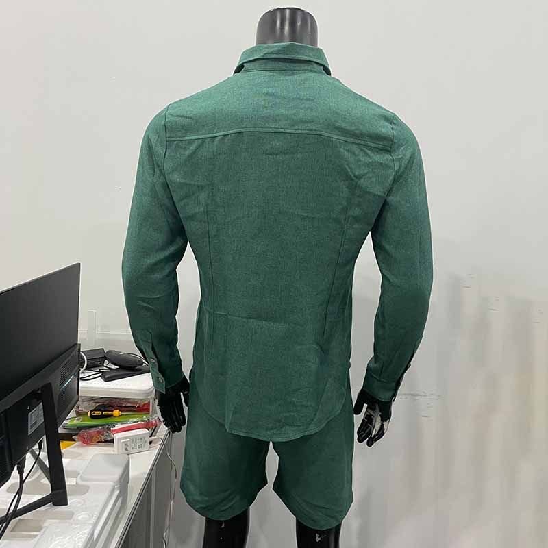 Men Fashion Casual Solid Color Long Sleeve Lapel Shirts Shorts Sets
