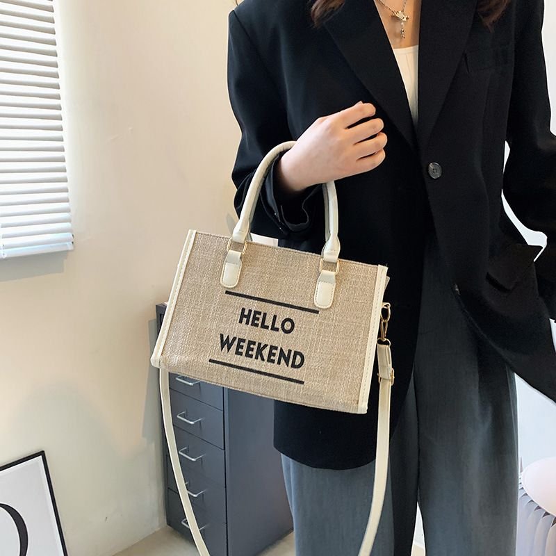 Women Simple Large Capacity Letter Print Canvas Handle Shoulder Bag