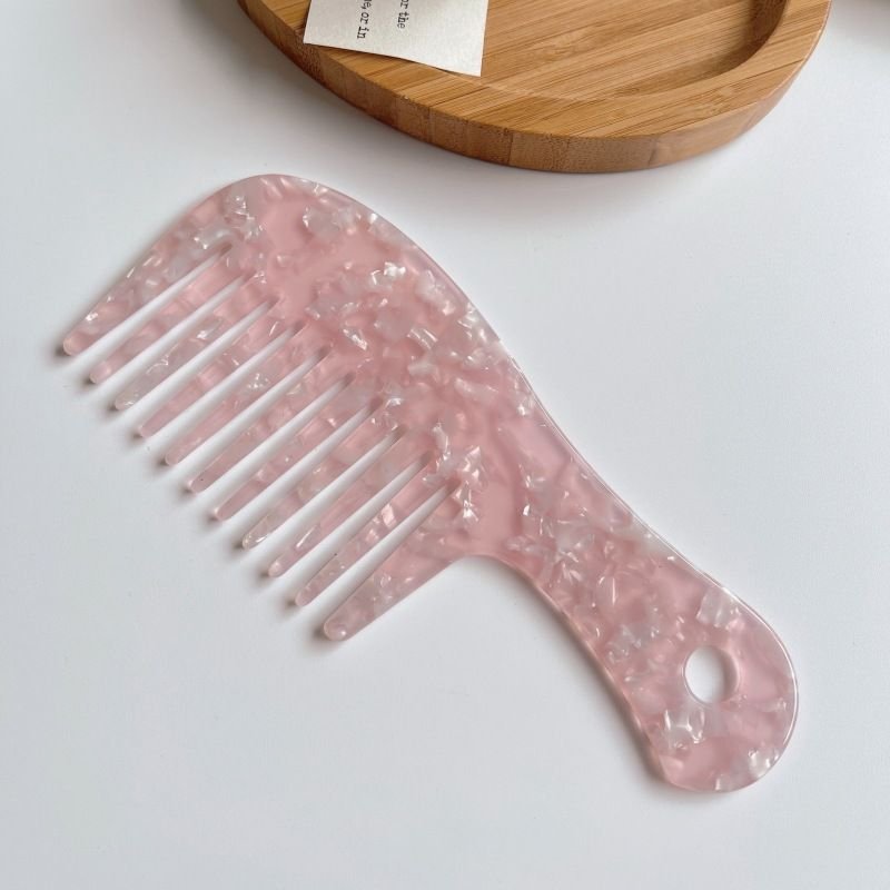 Women'S Simple Wide Tooth With Handle Acetate Plate Marble Pattern Hairdressing Comb
