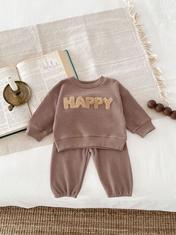 Kids Baby Boys Casual Cute Alphabet Waffle Long Sleeve Sweatshirts Pants Sets