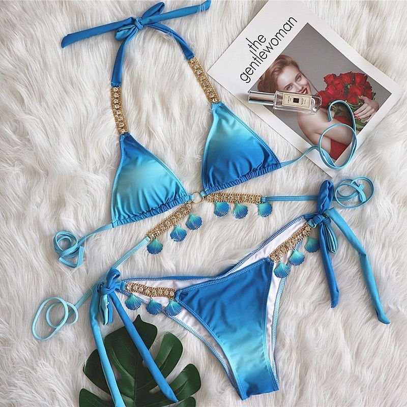 Women Sexy Strap Gradient Print Shell Tassel Bikini