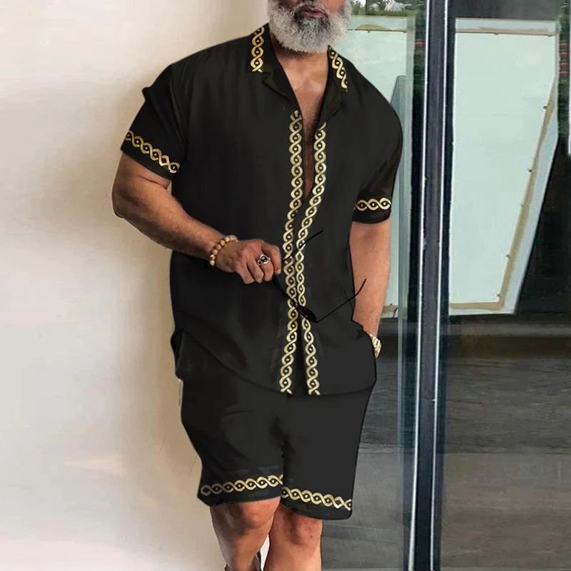 Men Casual Lapel Short-Sleeved Printed Loose Shirt And Shorts Two-Piece Set