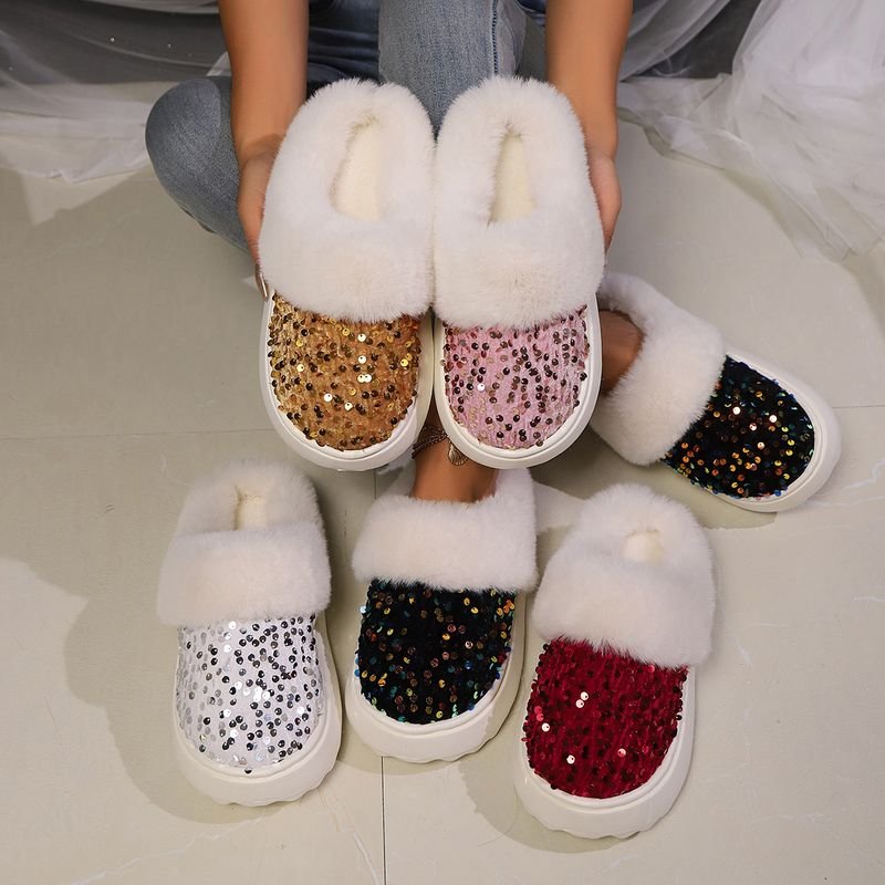 Autumn Winter Women Fashion Plus Size Sequins Plush Thick-Soled Home Slippers
