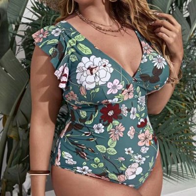 Women Fashion Sexy Plus Size Deep V Floral Printed Backless One-Piece Swimsuit