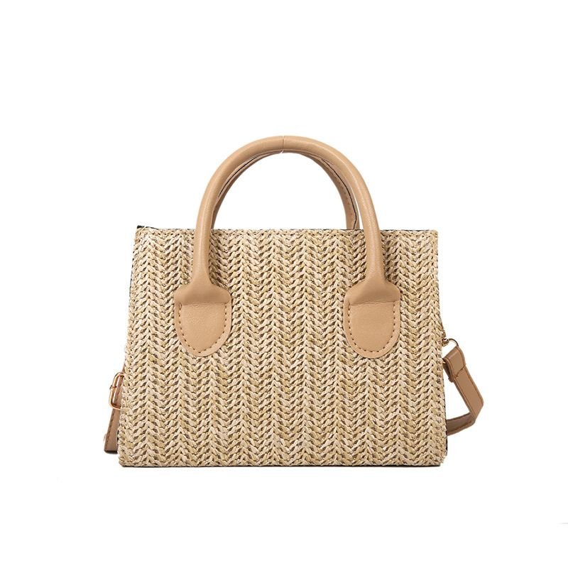 Women Simple Fashionable Straw Woven Large Capacity Square Handle Shoulder Bag