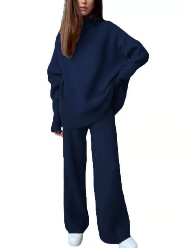 Women Fashion Loose Solid Color High Neck Knitted Long Sleeve Top Pants Two-Piece Set