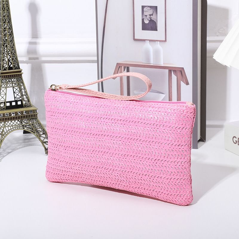 Women Fashion Solid Color Straw Woven Zipper Long Purses