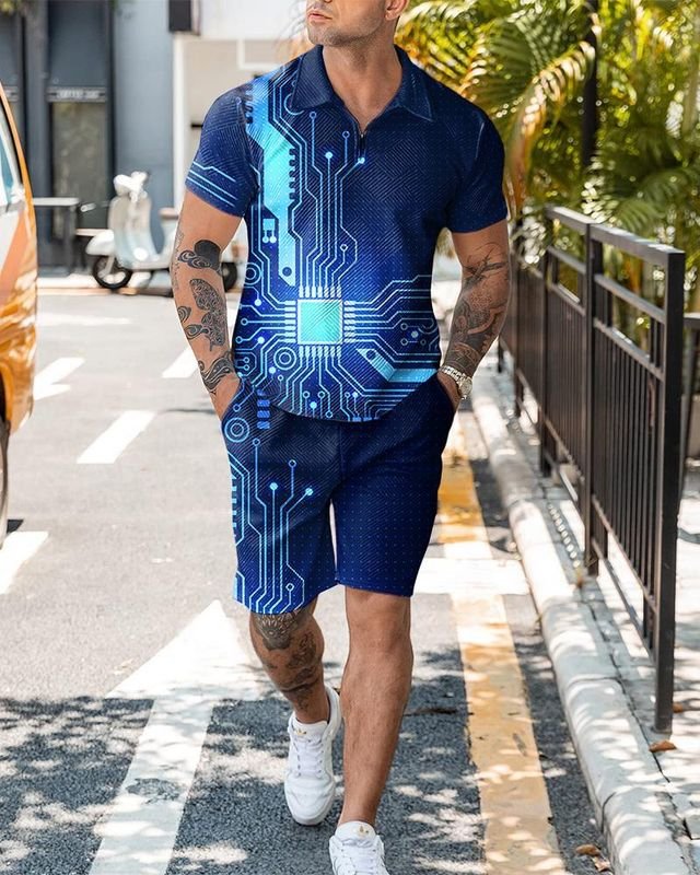 Men Fashion Casual Tiny Flower 3D Print Plus Size Short Sleeve Lapel POLO Shirt Shorts Set