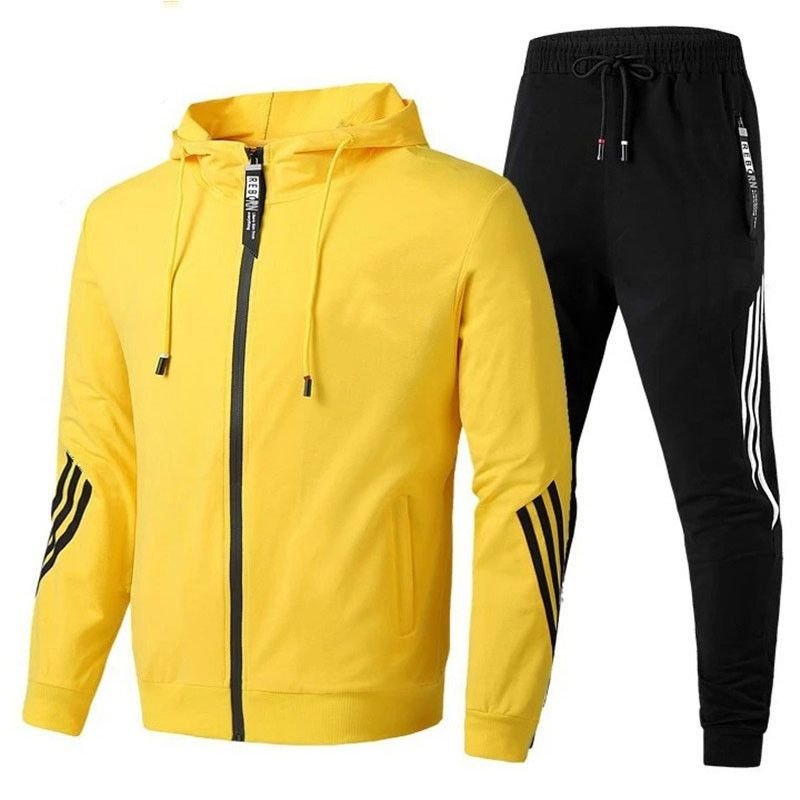 Men Casual Zip Hooded Long Sleeve Jacket And Pants Two Piece Set