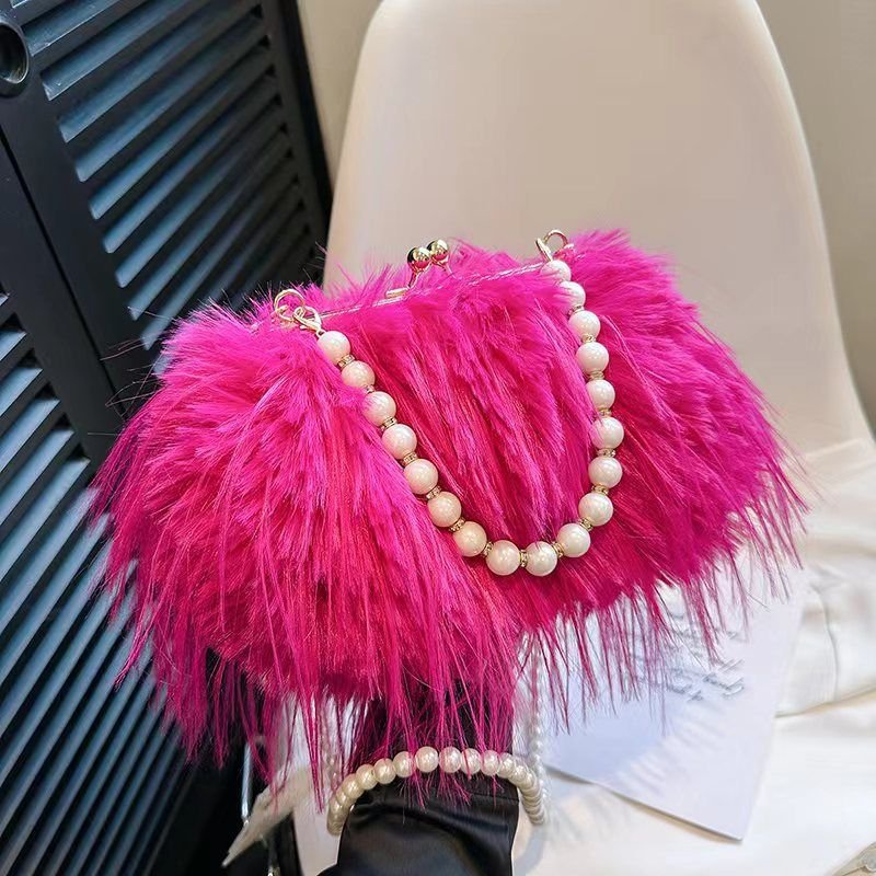 Women Fashion Plush Pearl Chain Crossbody Bag