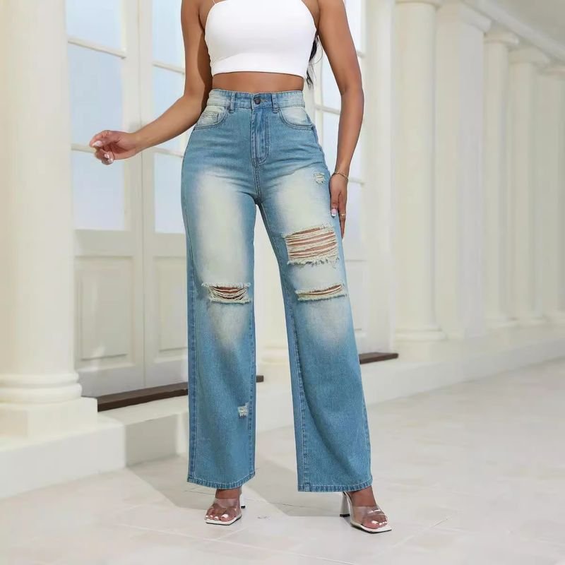 Women Fashion Simple High Waist Ripped Jeans