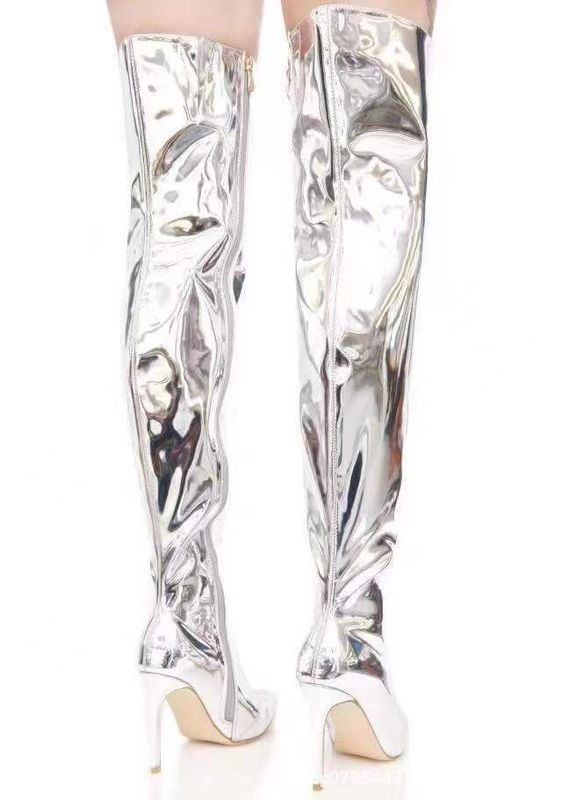 Women Fashion Plus Size Sexy Mirror Patent Leather Pointed Toe Stiletto Heel Over-The-Knee Boots