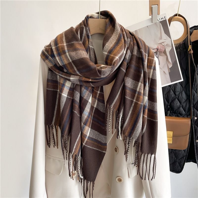 Autumn Winter Women Fashion Plaid Thickened Warm Tassel Scarf