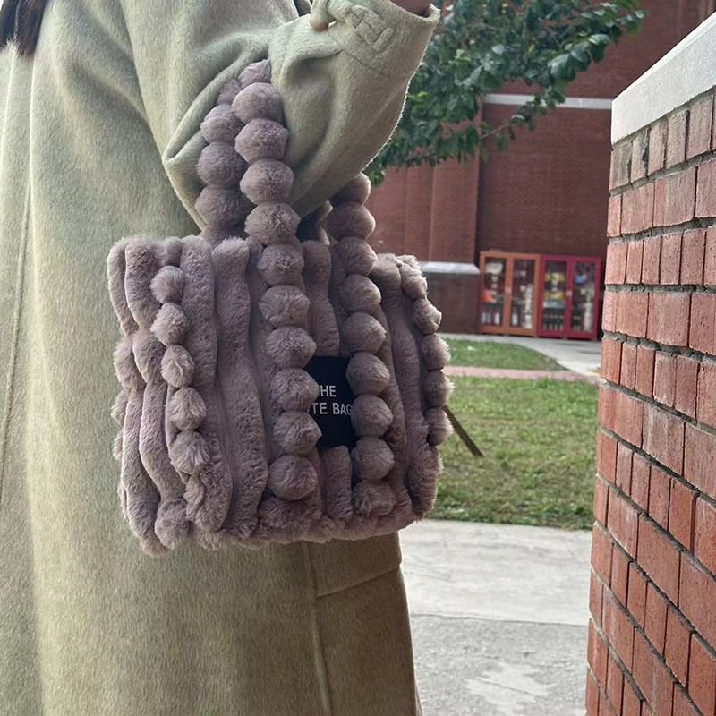 Autumn Winter Women Fashionable Solid Color Plush Large Capacity Handbag