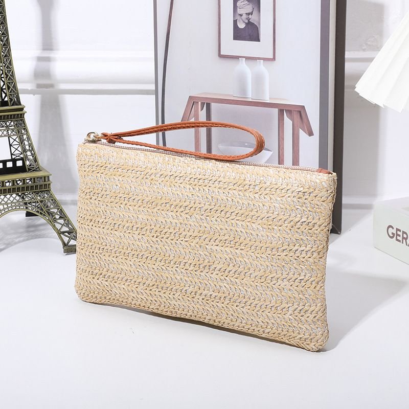 Women Fashion Solid Color Straw Woven Zipper Long Purses