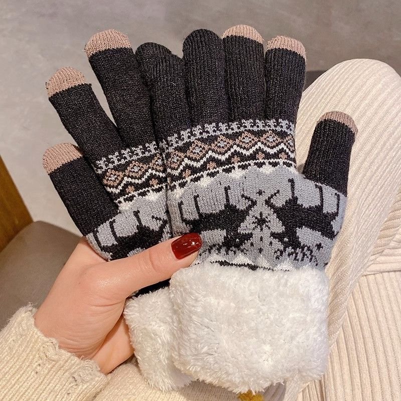 Autumn Winter Women Cute Christmas Elk Fleece-Lined Thickened Warm Touch Screen Gloves