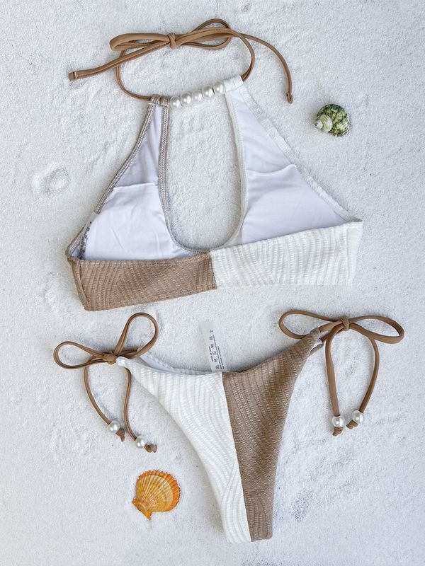 Women Summer Halter Neck Color Blocking Pearl Decor Bikini Swimwear