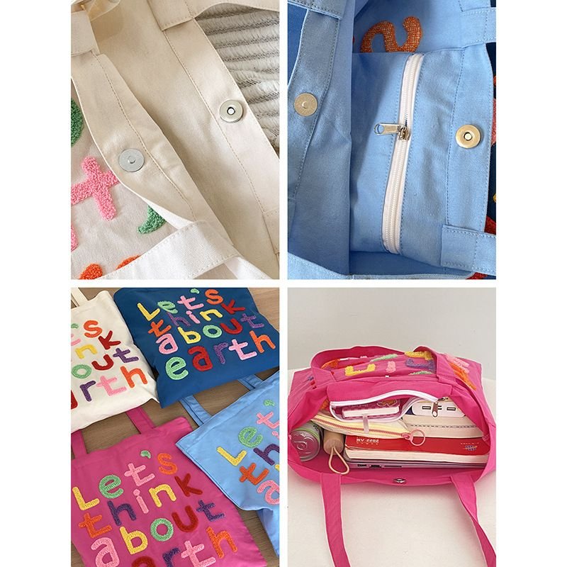 Women Simple Letter Embroidered Large Capacity Canvas Shopping Tote Bag