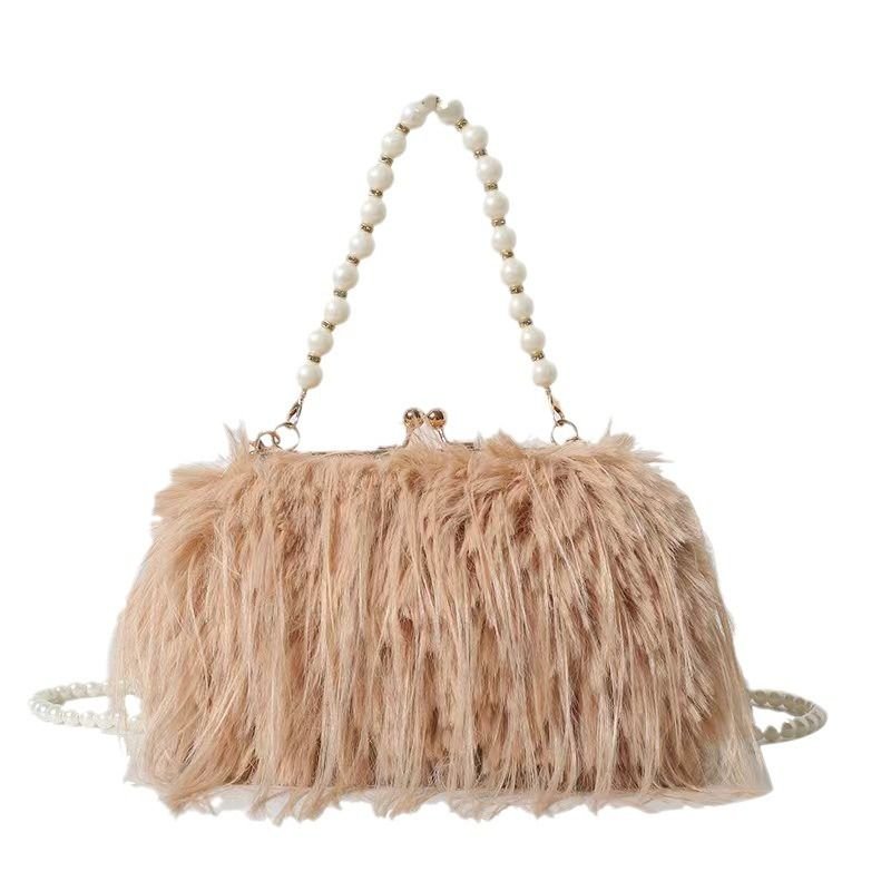 Women Fashion Plush Pearl Chain Crossbody Bag