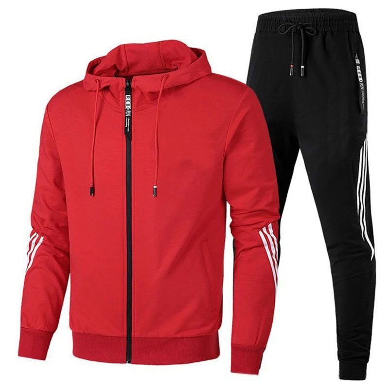 Men Casual Zip Hooded Long Sleeve Jacket And Pants Two Piece Set