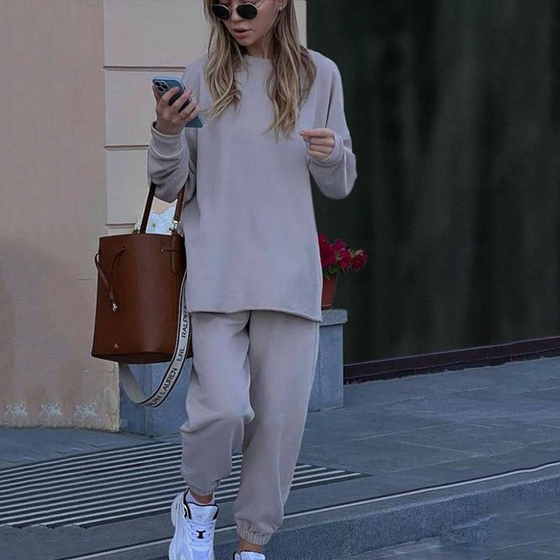 Casual Athleisure Women Fall Winter Sports Solid Color Long-Sleeved Top Fashionable Elastic Pants Two-Piece Set