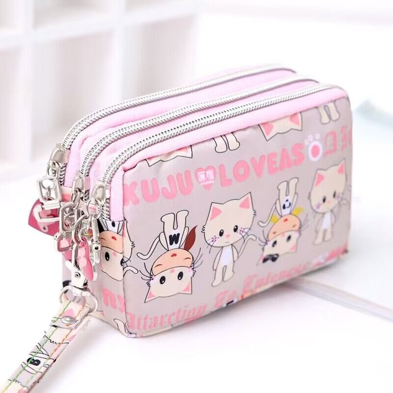 Women Fashion Solid Color Frosted Three-Layer Zipper Storage Purses
