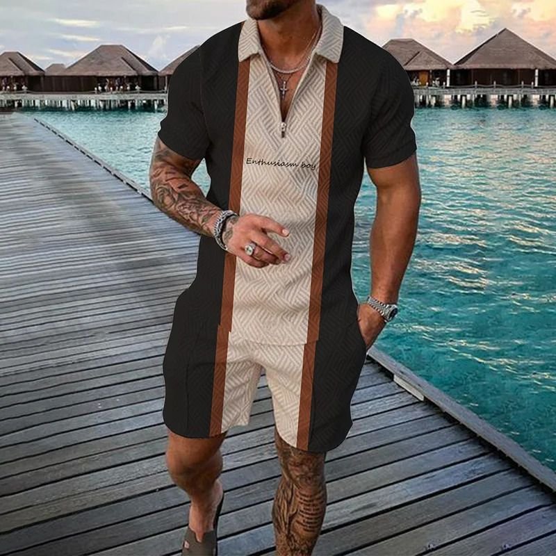 Men Fashion Casual Tiny Flower 3D Print Plus Size Short Sleeve Lapel POLO Shirt Shorts Set