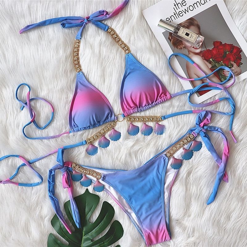 Women Sexy Strap Gradient Print Shell Tassel Bikini