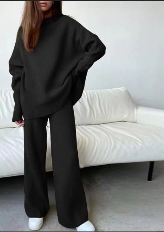 Women Fashion Loose Solid Color High Neck Knitted Long Sleeve Top Pants Two-Piece Set