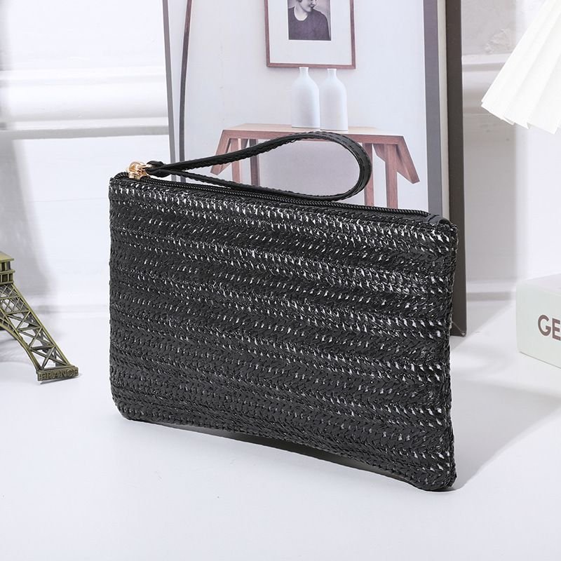 Women Fashion Solid Color Straw Woven Zipper Long Purses