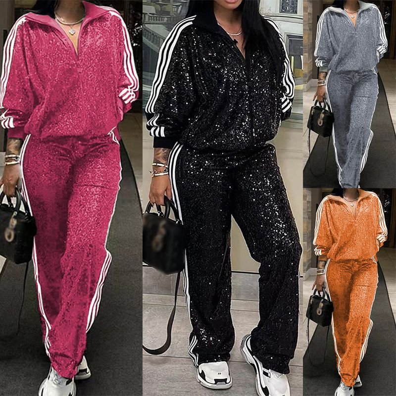 Women Fashion Plus Size Sequin Zipper Long Sleeve Top Pants Two-Piece Set