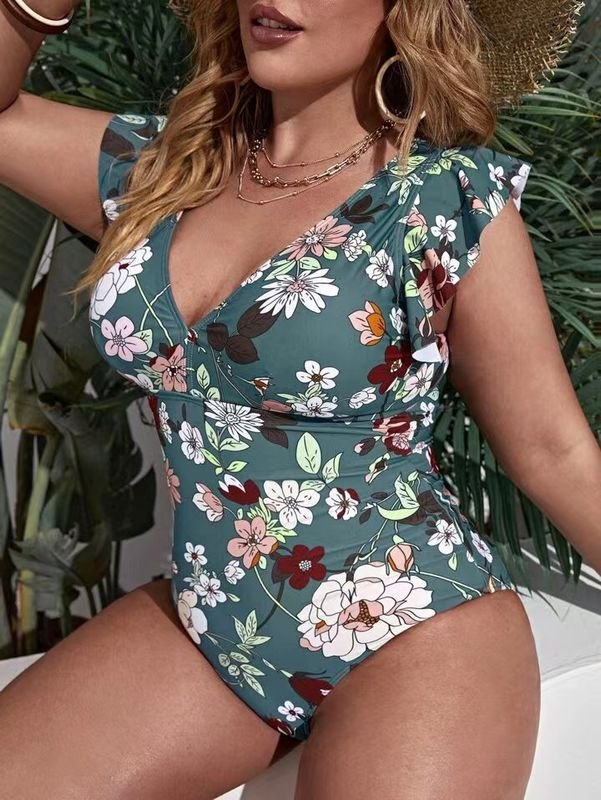 Women Fashion Sexy Plus Size Deep V Floral Printed Backless One-Piece Swimsuit