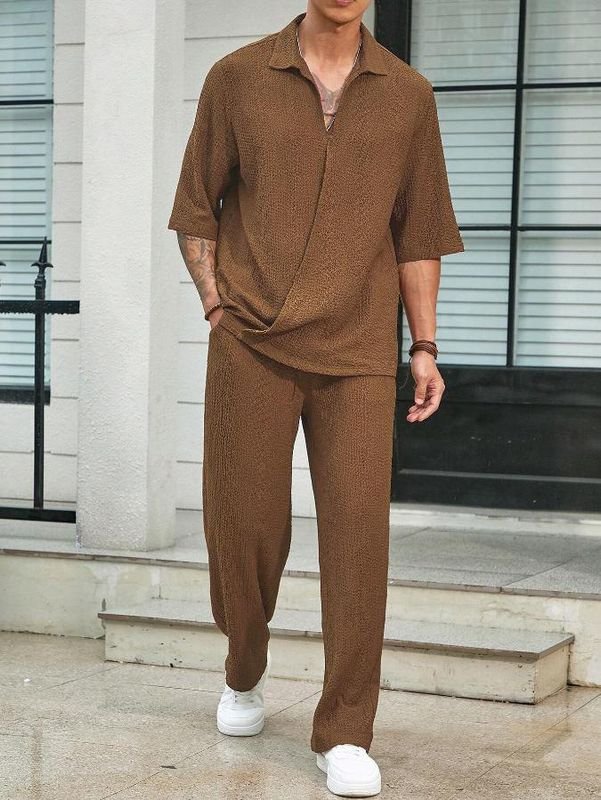 Men Casual Solid Color Short-Sleeved Shirt Trousers Two-Piece Casual Set