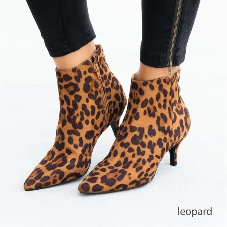 Women Fashion Leopard Snake Print Pointed Heel Ankle Boots