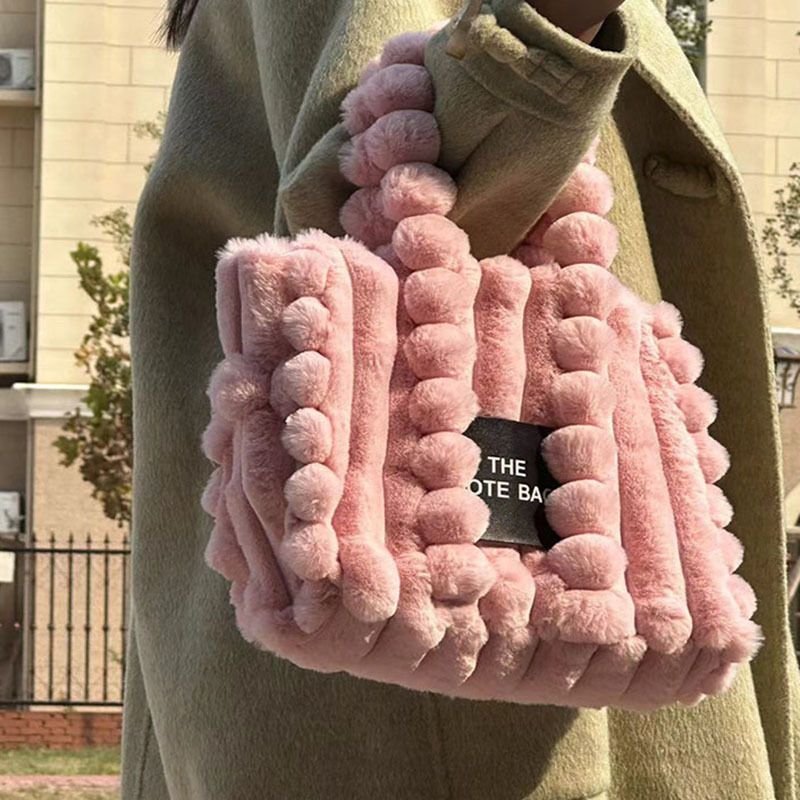 Autumn Winter Women Fashionable Solid Color Plush Large Capacity Handbag