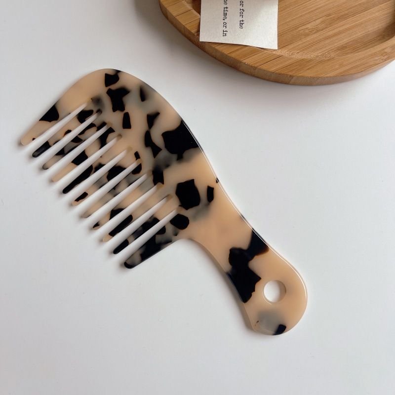 Women'S Simple Wide Tooth With Handle Acetate Plate Marble Pattern Hairdressing Comb