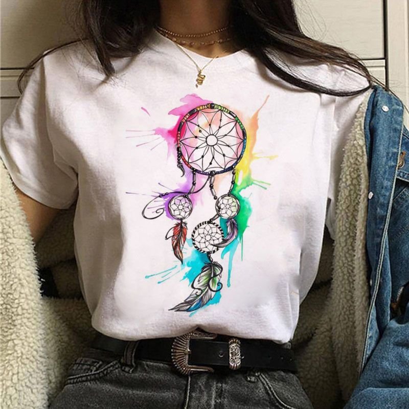 Women Fashion Dream Catcher Printed Round Neck Short Sleeve T-Shirt