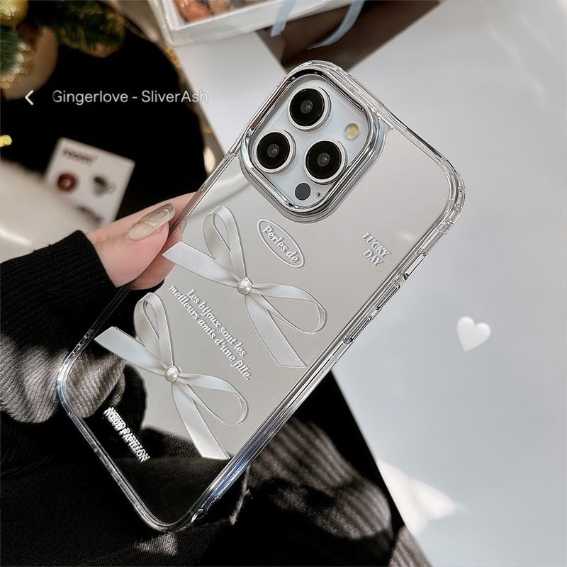 Women Fashion Mirror Three-Dimensional Pearl Bow Anti-Drop Apple Mobile Phone Protective Case