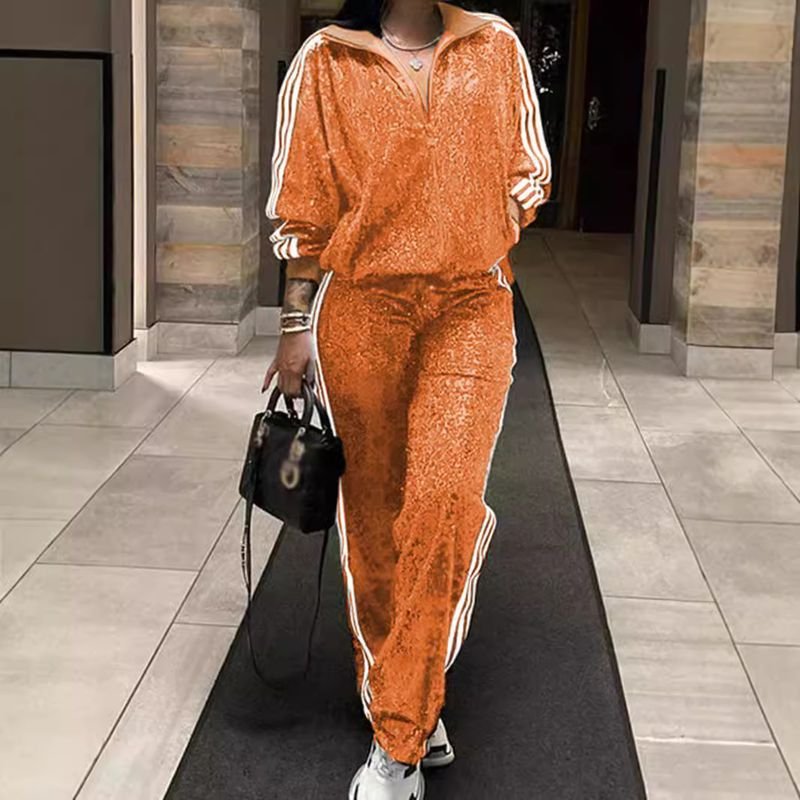 Women Fashion Plus Size Sequin Zipper Long Sleeve Top Pants Two-Piece Set