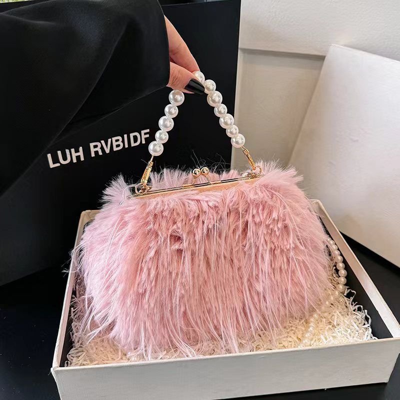 Women Fashion Plush Pearl Chain Crossbody Bag
